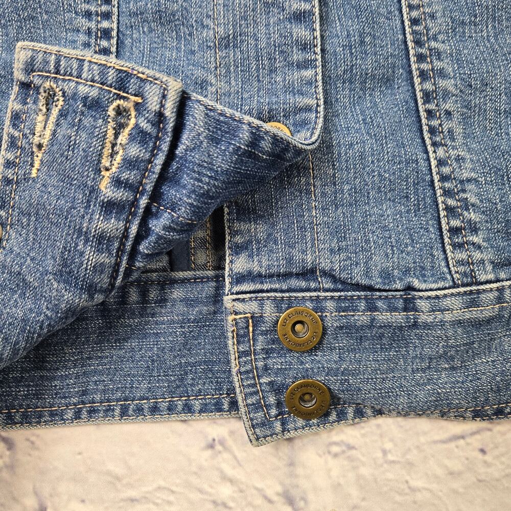 Liz Claiborne Denim Jean Jacket Knit Sleeves Shawl Collar Pocket Cuff Trim sz 14 - Picture 11 of 16